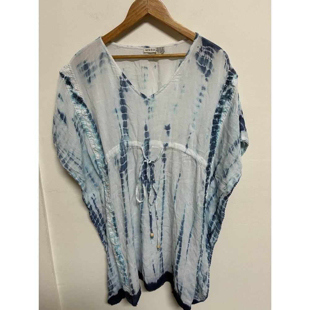 Raya Sun Women’s L/XL White And Blue Tie Dye Kaftan Top Blouse See Through